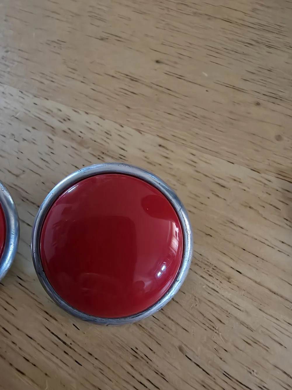 Vintage Clip On Earrings Button Red Silver 1950's 1960's Large Costume Jewelry